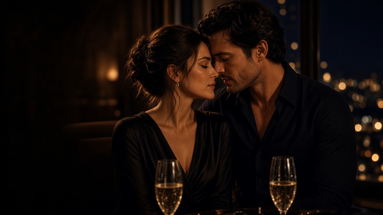 A couple with their foreheads touching, two glasses of champagne on the table.