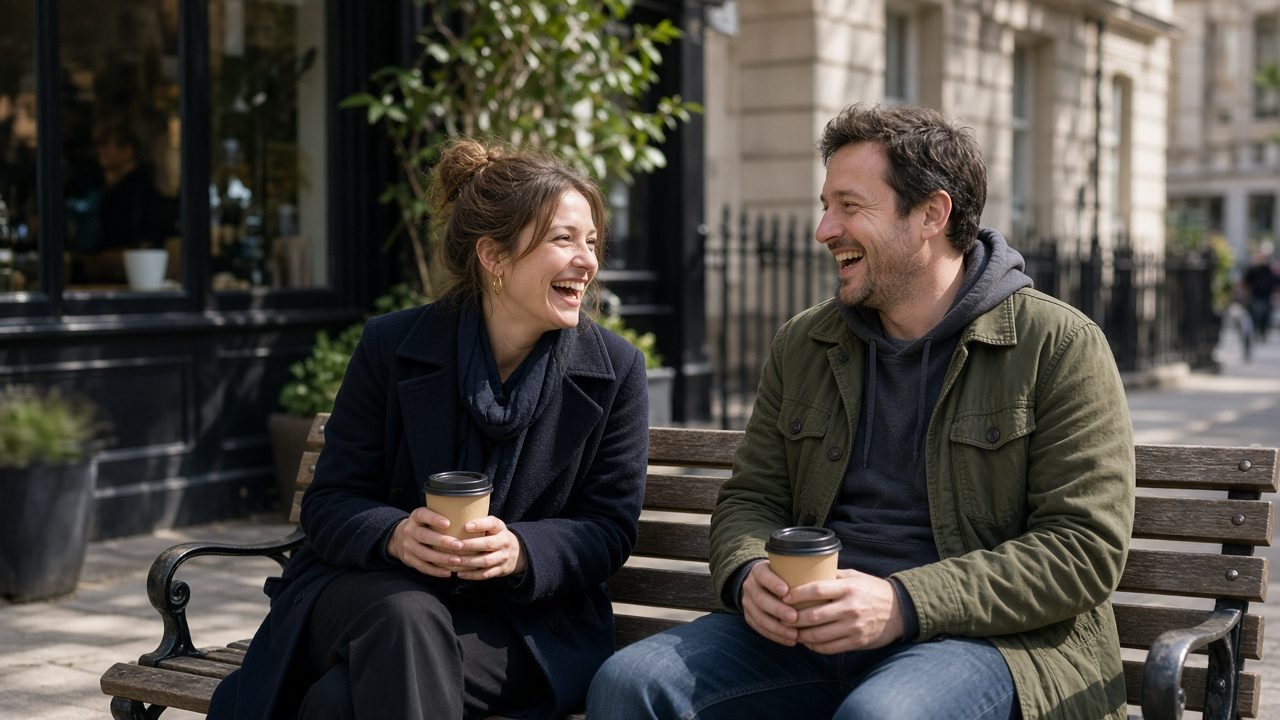 A woman and a man laughing together on a sunny bench outside a café.