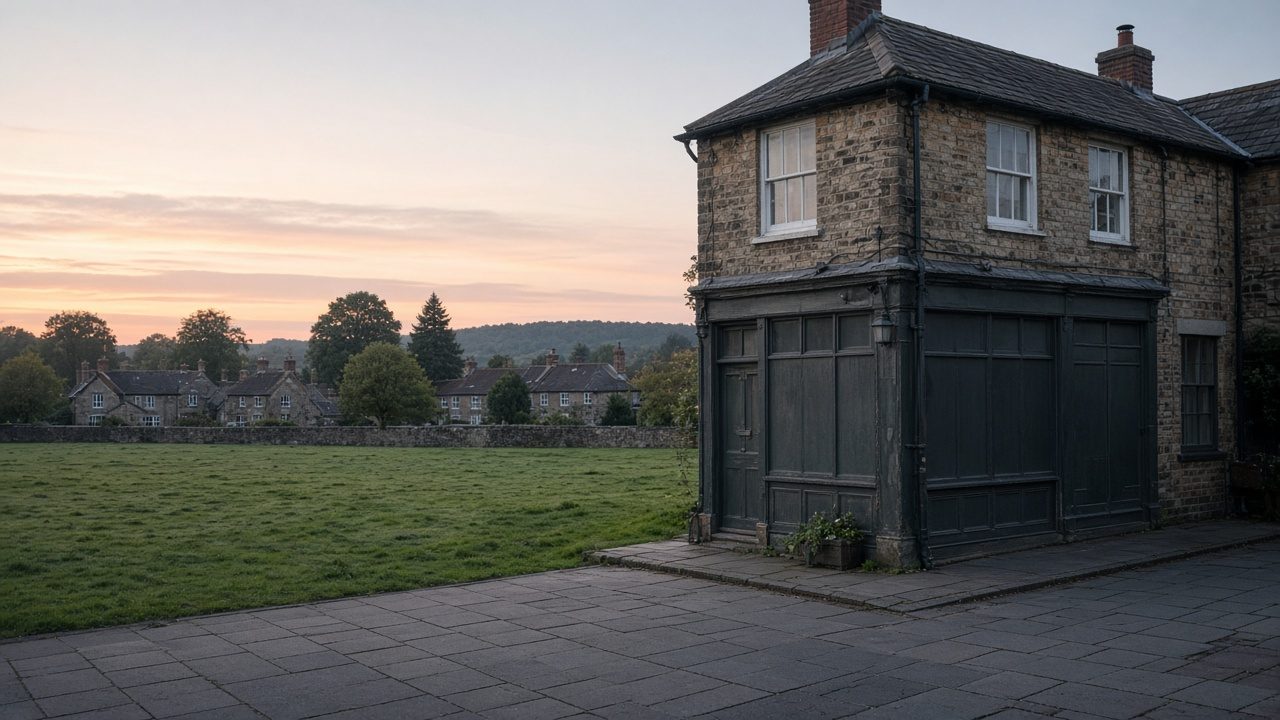 A village green at dawn, with a closed corner building.