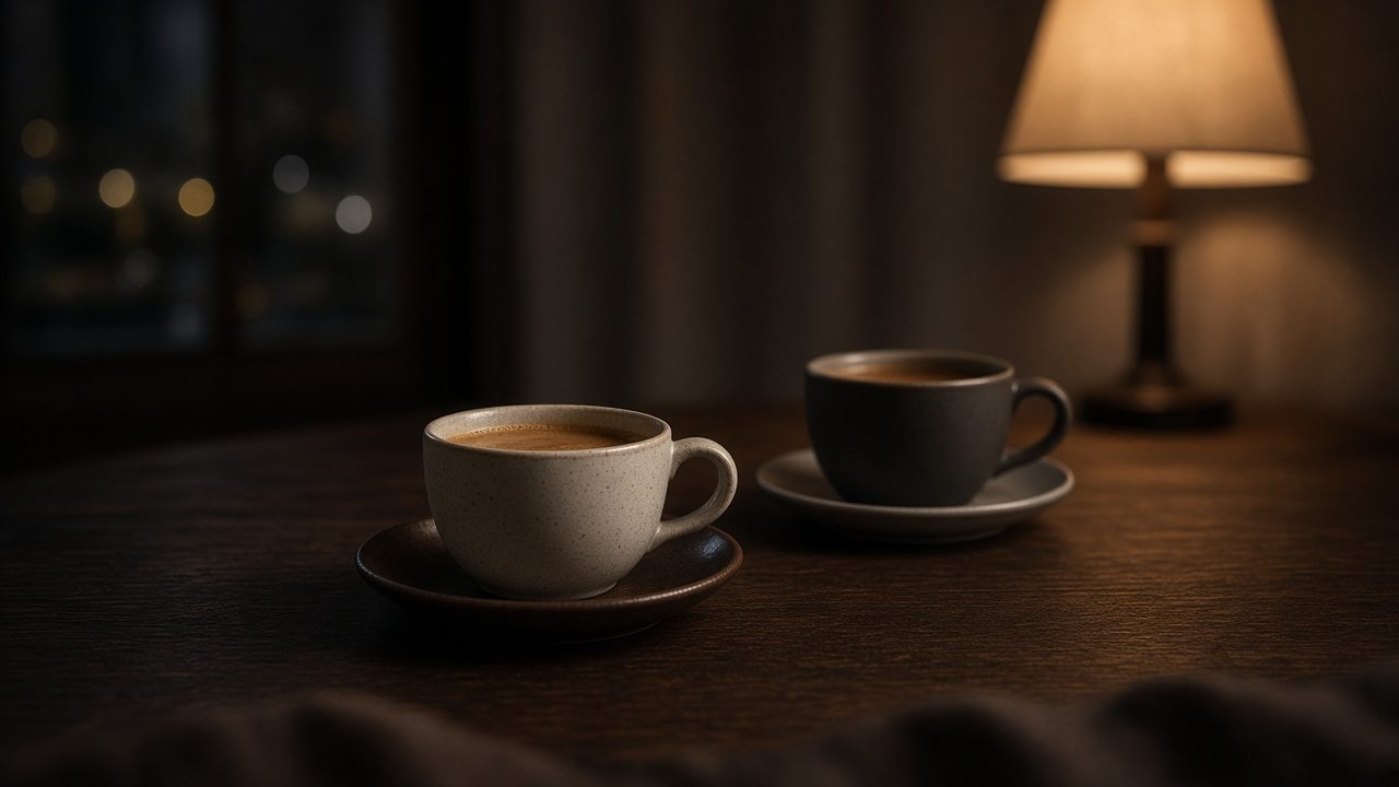 Two coffee cups on a table, one of them pushed back.