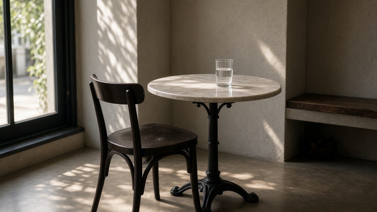 An empty café chair pulled out from a small table.