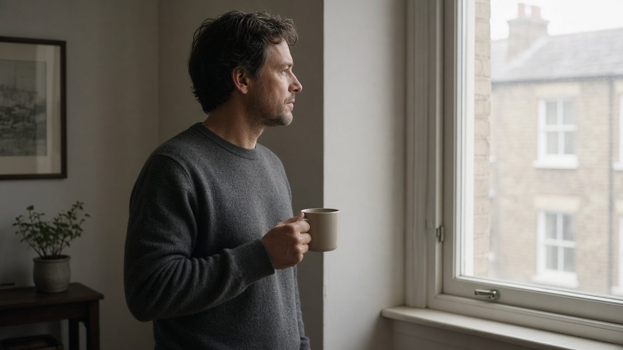 A man by a bright window with a mug, looking outside.