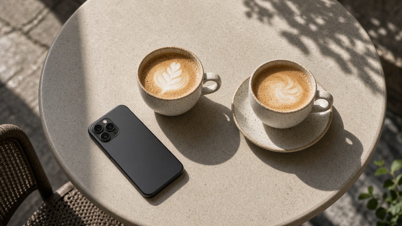Two coffee cups and a phone lying face down on a sunny café table.