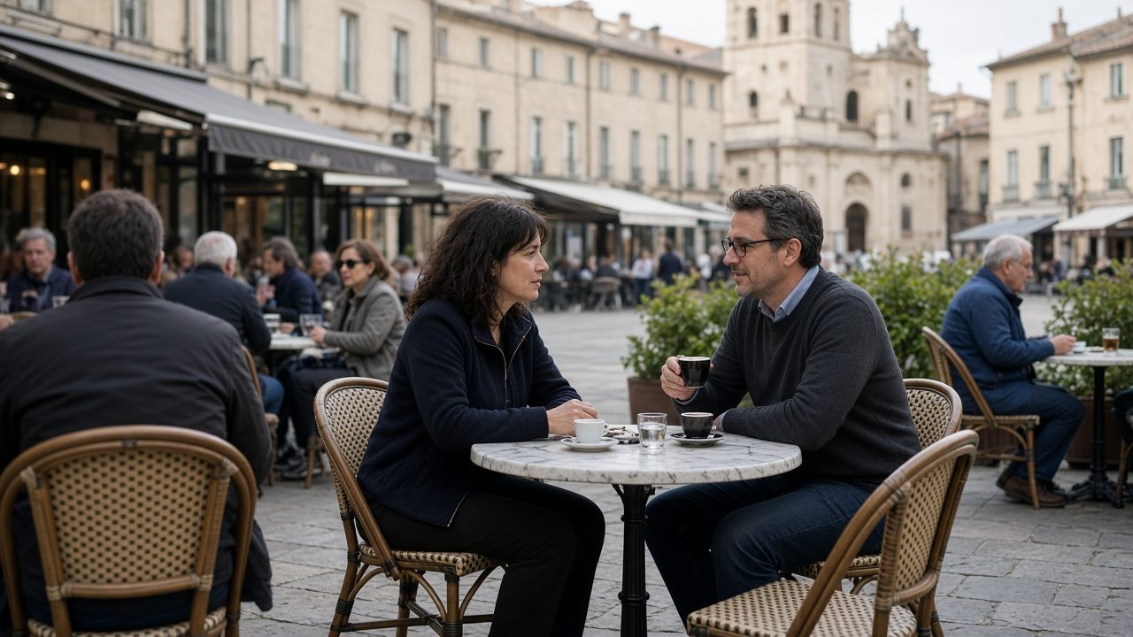 A woman and a man at a table on a busy café terrace.