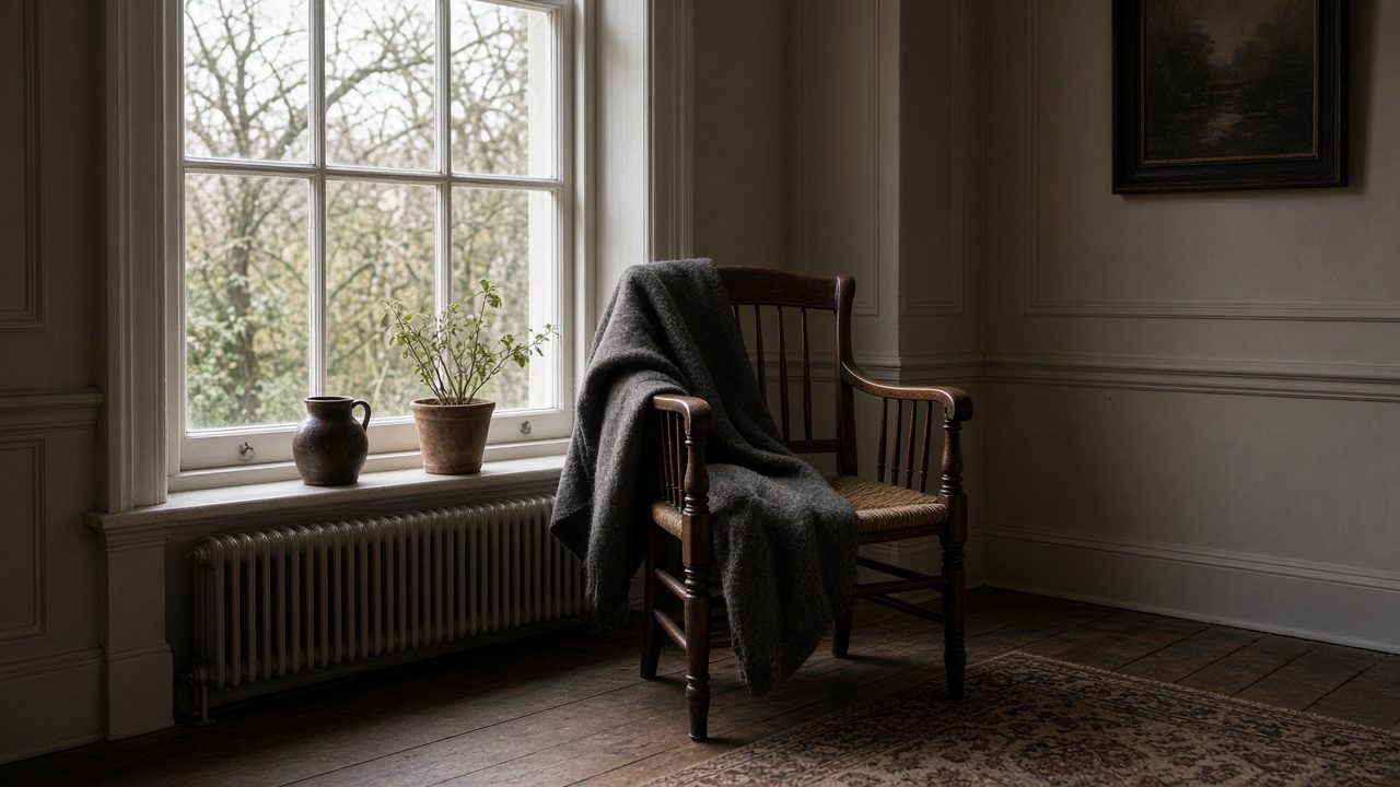 A coat on a wooden chair beside a tall window.