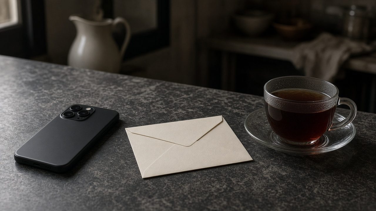 A phone face down beside an unopened envelope and a cold cup of tea.
