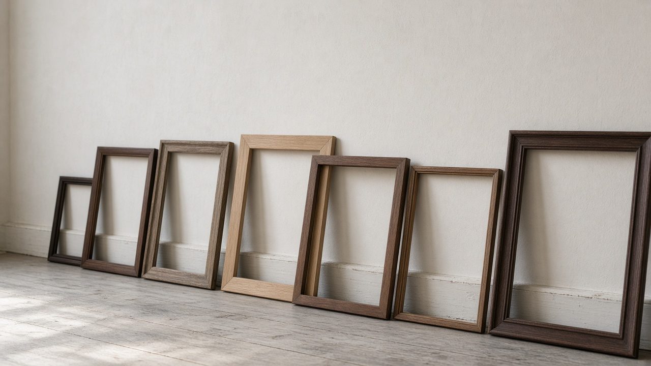 Empty picture frames leaning in a row against a wall.