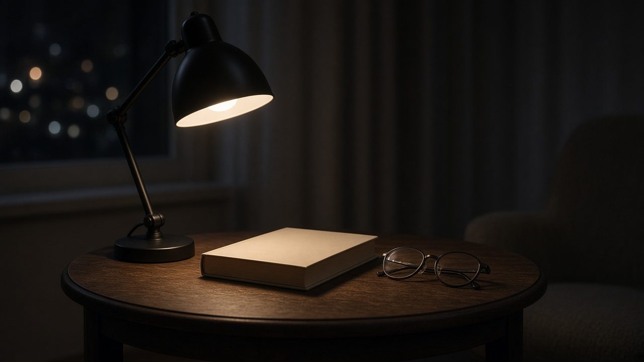 A desk lamp, a closed book, and a pair of glasses on a side table.