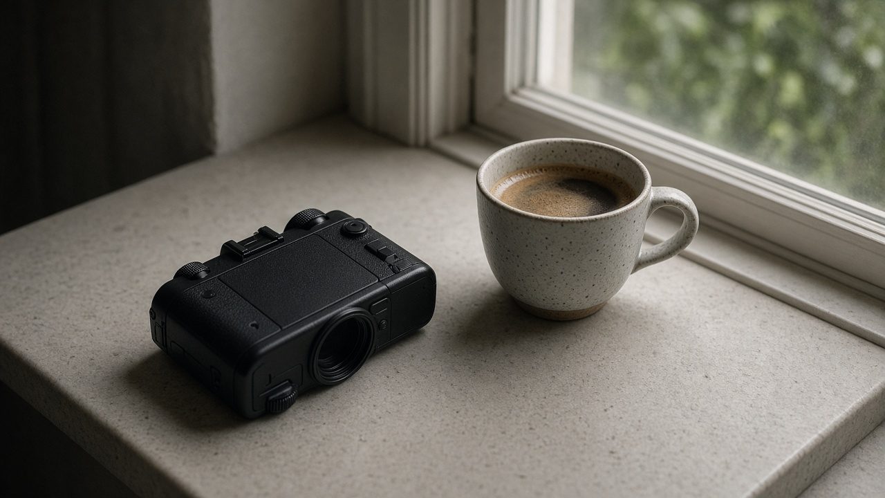 A camera lying face down on a windowsill, next to a coffee.
