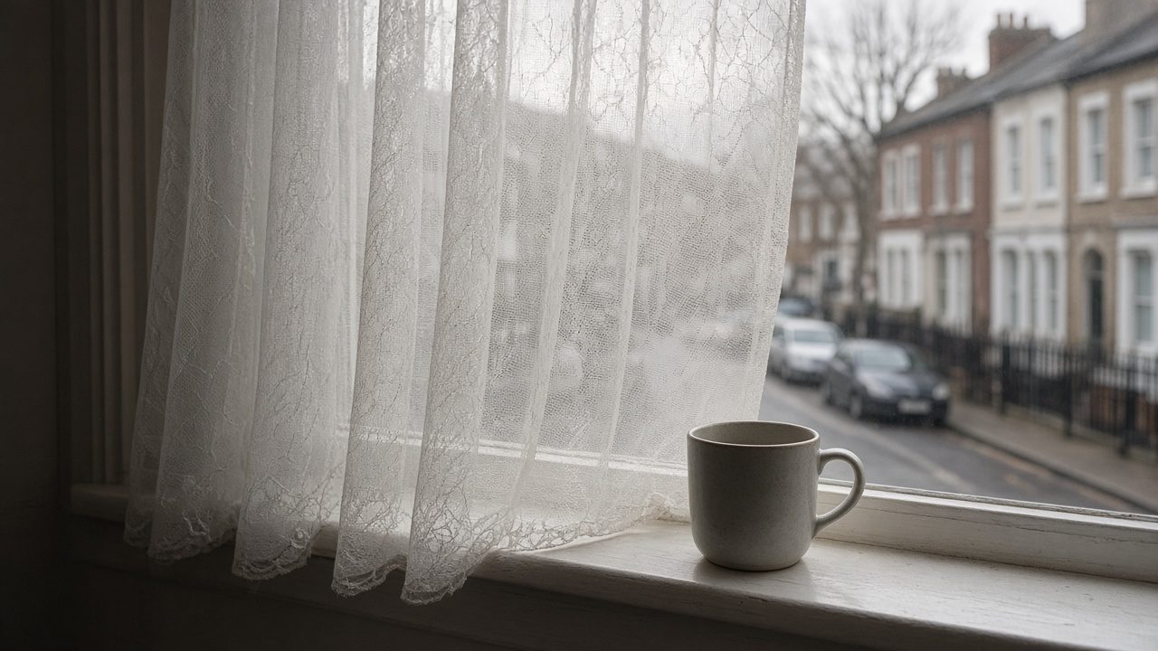 A net curtain, with the street blurred beyond it.