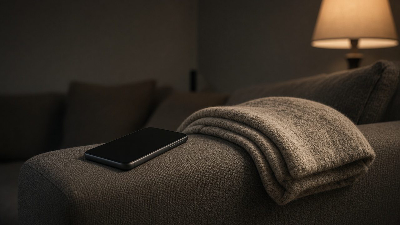 A phone left on the arm of a sofa, the screen off.