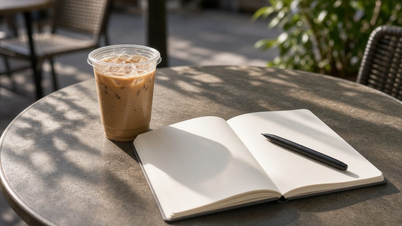 A blank notebook and a pen on a sunny café table.