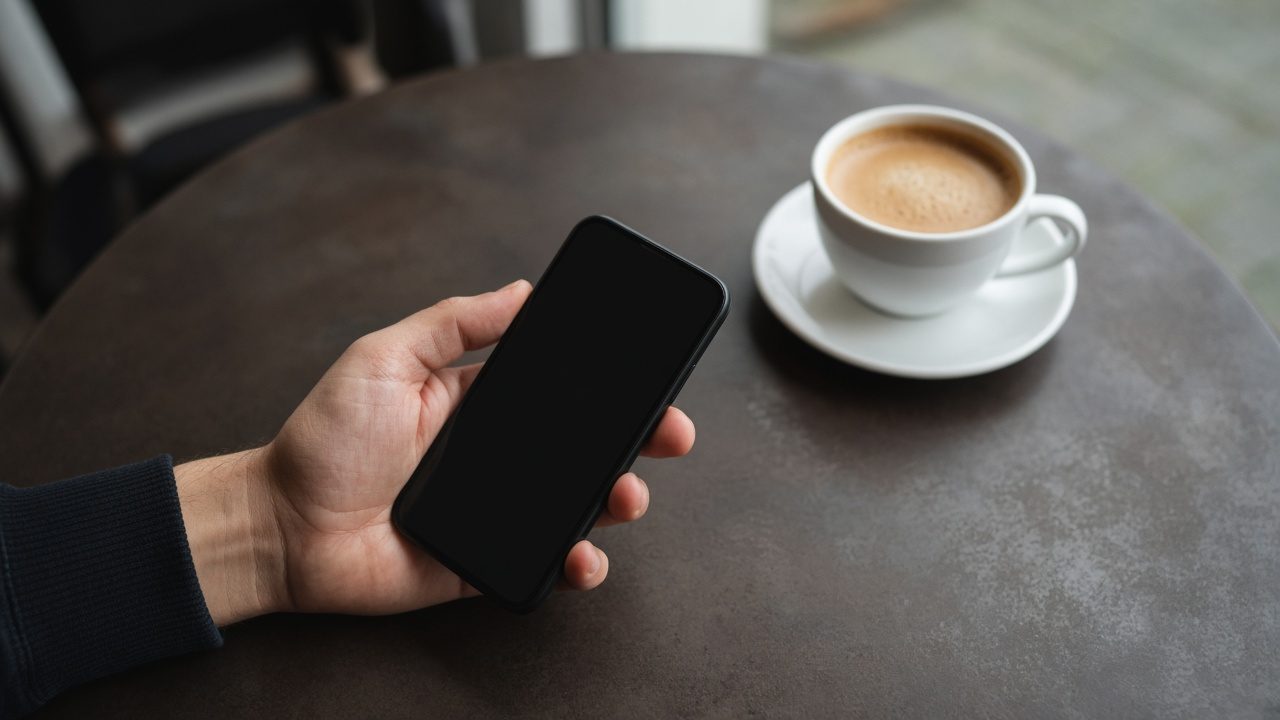A hand holding a phone over a café table, the screen dark.